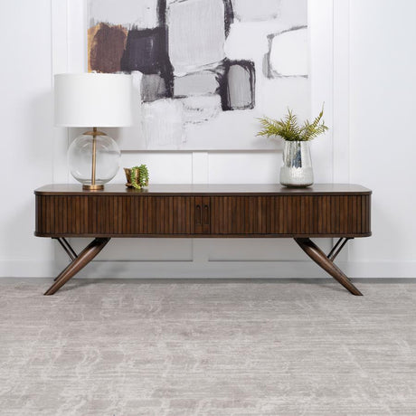 Valna Wood TV Stand With Sliding Doors – Walnut, Mid-Century Modern 71" Entertainment Console for TVs Up to 80 Inches