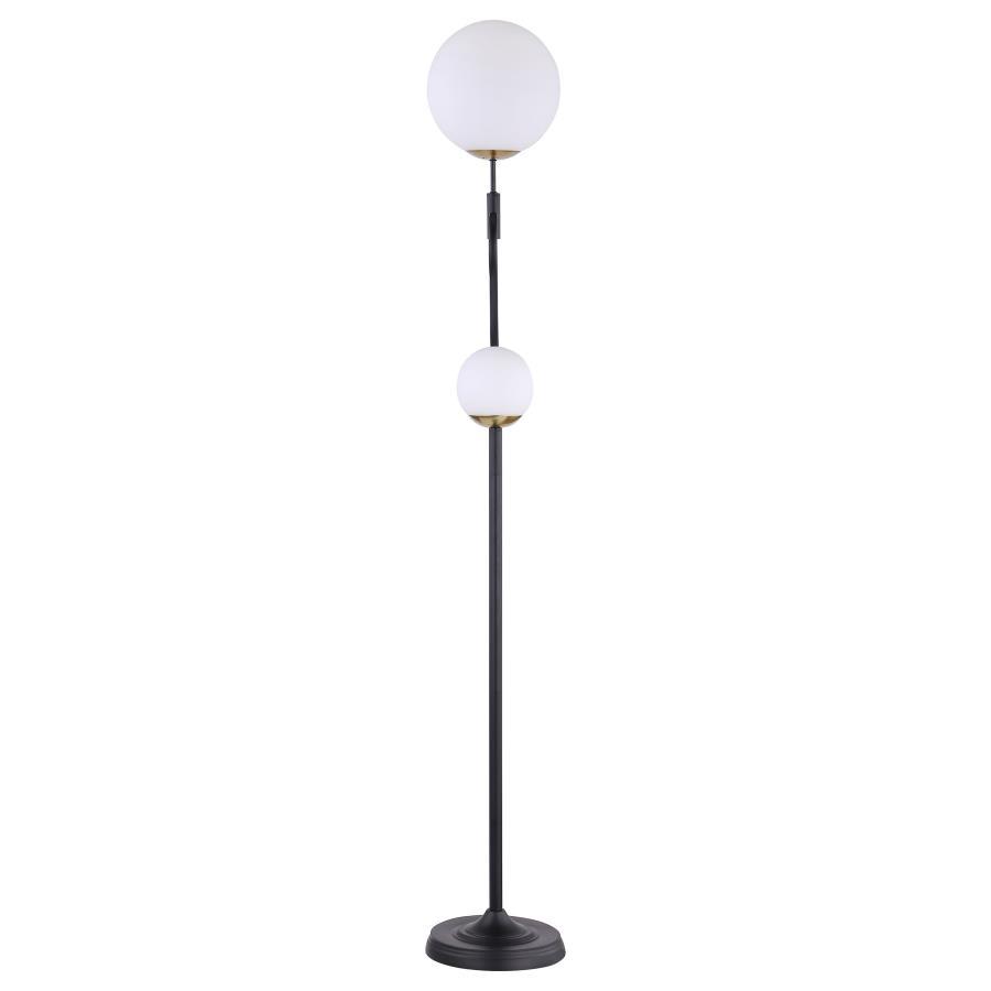 Dacki Dual Spherical Bulb Metal Floor Lamp – Black with White Glass Shades, Energy-Efficient LED, Modern S-Curve Design for Living Room