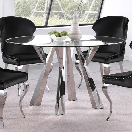 Alaia Round Clear Glass Top Dining Table – Glamorous Chrome Geometric Base, Beveled Edge Glass Surface & Stylish Modern Dining Centerpiece