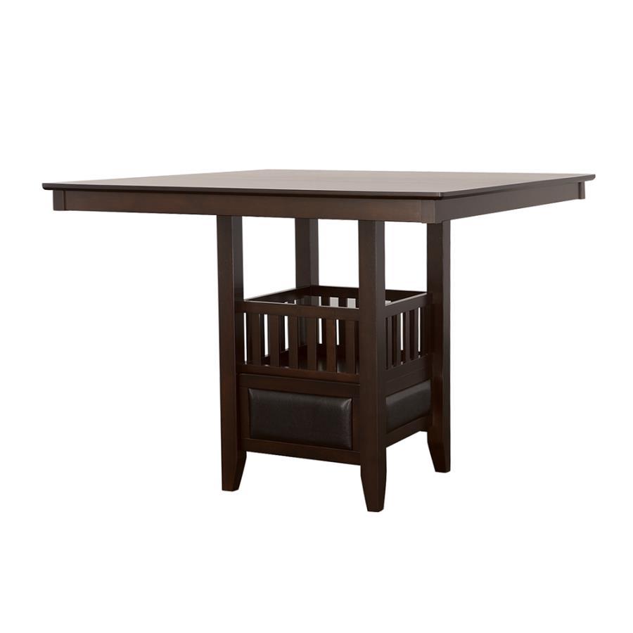 Jaden Square Counter Height Dining Table in Espresso – Sleek Slatted Wood Design with Center Cabinet, Wine Glass Holder & Spacious Dining Surface