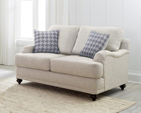 Glenn - Upholstered English Arm Loveseat – Light Gray and Blue with Reversible T-Cushions, Espresso Turned Legs & Houndstooth Accent Pillows