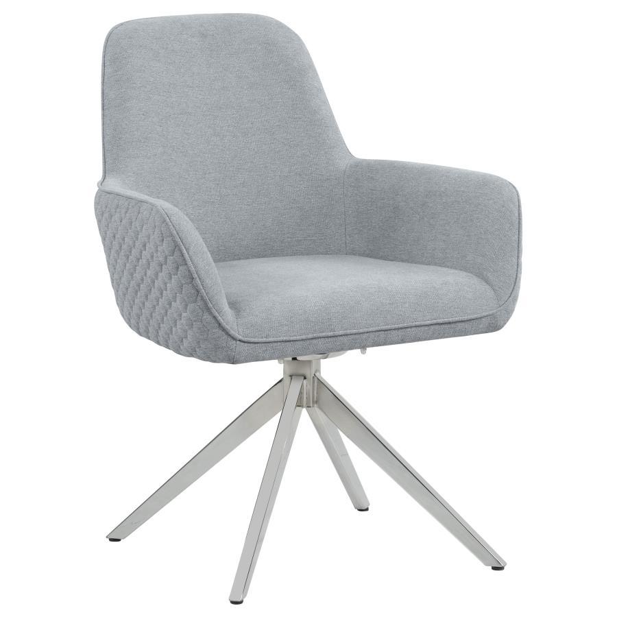 Abby Fabric Upholstered Swivel Dining Arm Chair in Light Gray, Mid-Century Modern Design, Honeycomb Quilted Exterior, Chrome 360° Swivel Base