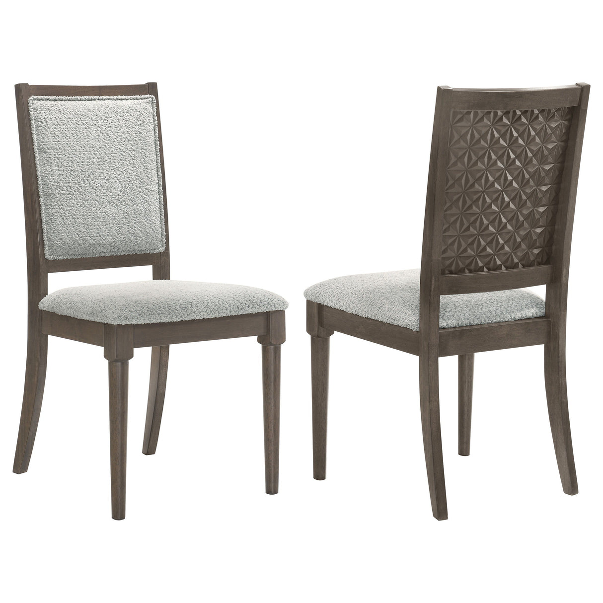Onslow Upholstered Dining Side Chairs (Set of 2) - Dark Brown Solid Wood Frame, Grey Fabric Cushions, Geometric Backrest, Elegant Modern Style