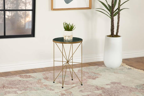 Eliska Round Green Marble Top Accent Side Table with Antique Gold Metal Frame, Slim Geometric Base, Glam Contemporary Living Room Décor