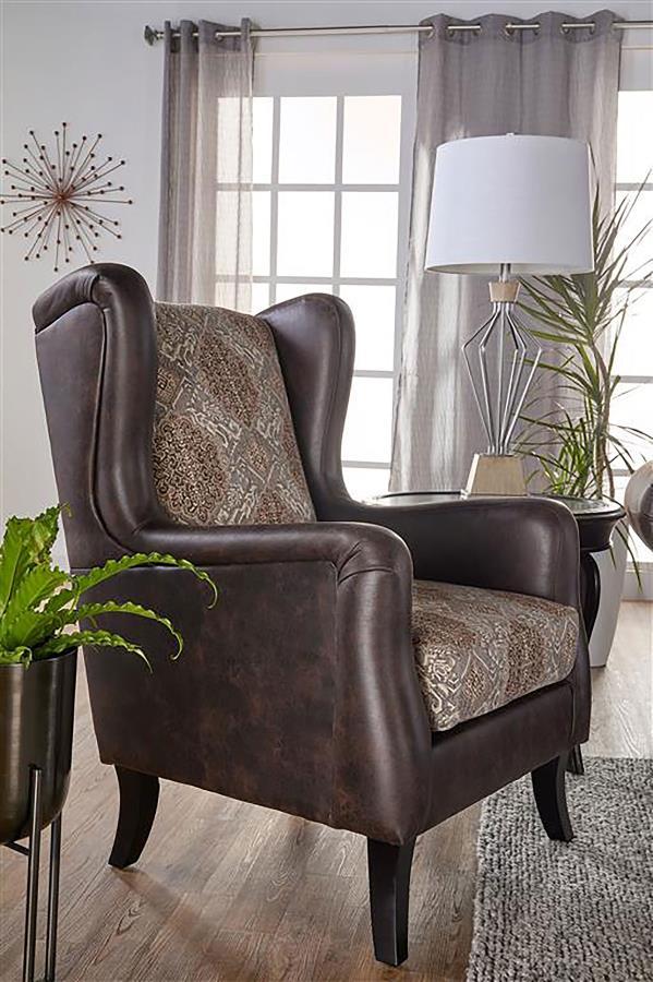Elmbrook Upholstered Wingback Accent Club Chair – Plush Foam Cushions, Brown Faux Leather and Jacquard Fabric, Flared Wood Legs, Traditional Lounge Seating