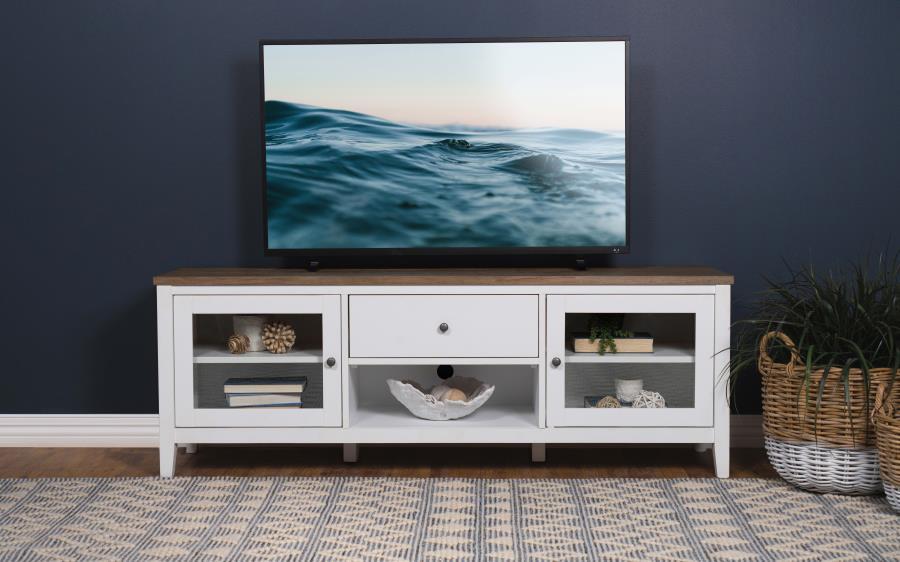 Hollis 2 Door Wood TV Stand With Drawer – Brown & White, Transitional Entertainment Console for Living Room