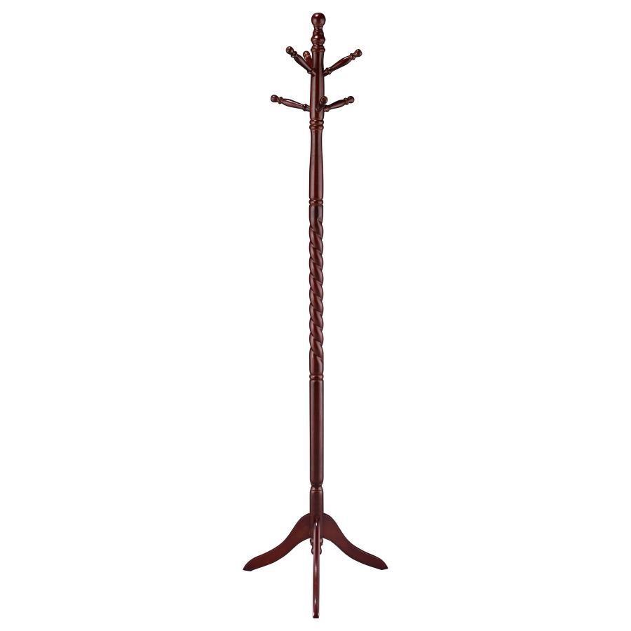 Riona 6-Hook Freestanding Wood Coat Rack, Merlot Finish Rubberwood Construction, Twisted Post Design, Two-Tier Hat and Coat Hanger, Classic Entryway Accent