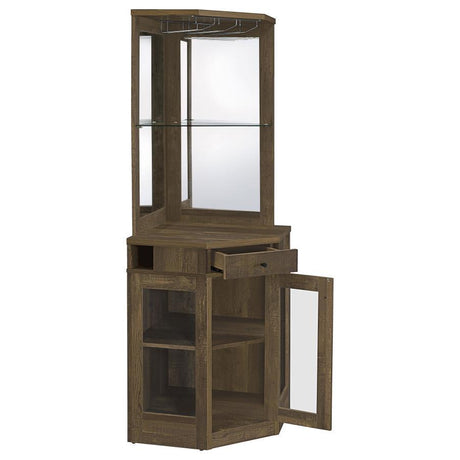 Alviso 1-Drawer Corner Home Bar Wine Cabinet – Rustic Oak Finish with Mirrored Back, Tempered Glass Shelf, Stemware Rack, and Bottle Storage