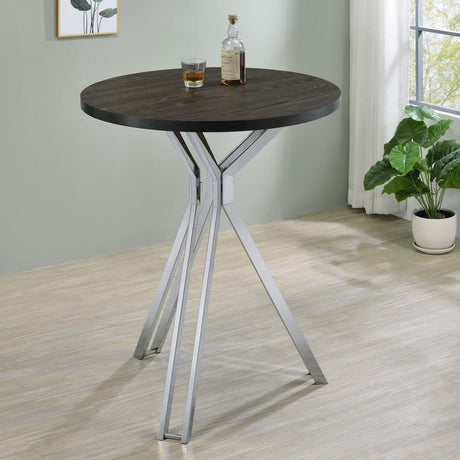 Edgerton Round Pub Height Bistro Bar Table in Dark Oak – Contemporary Rustic Design with Polished Chrome Pedestal Base for Game Rooms & Bars