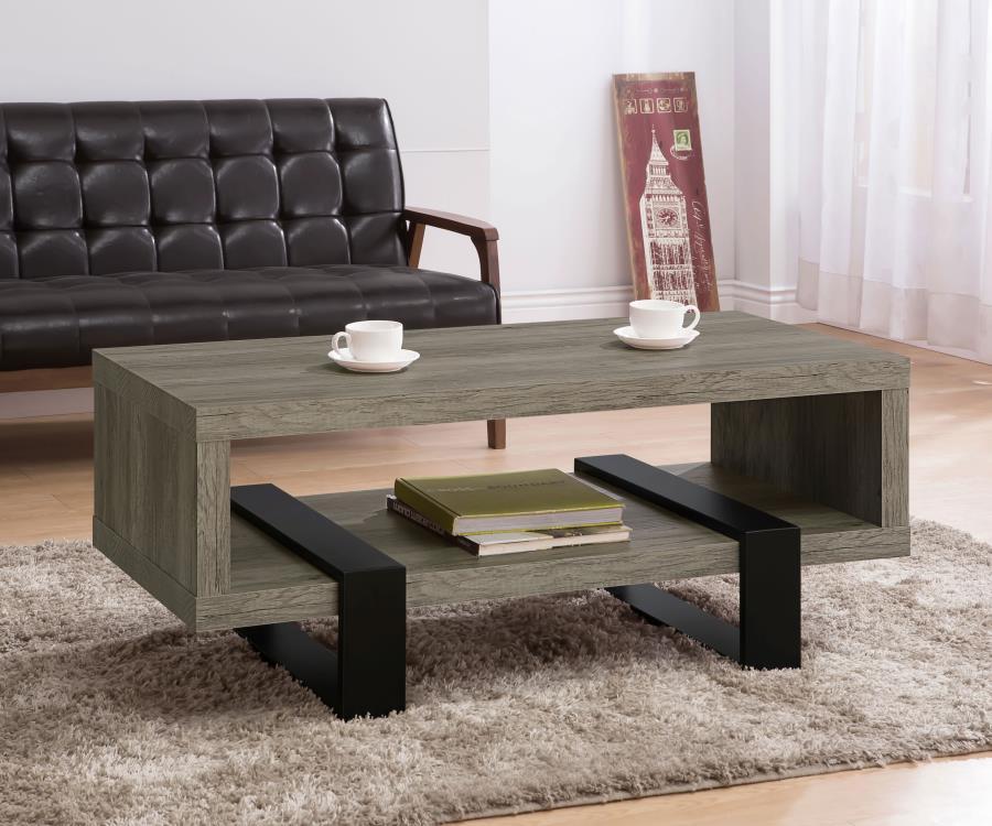 Dinard Engineered Wood Coffee Table in Gray Driftwood – Rectangular Rustic Modern Design with Geometric Black Legs and Lower Storage Shelf