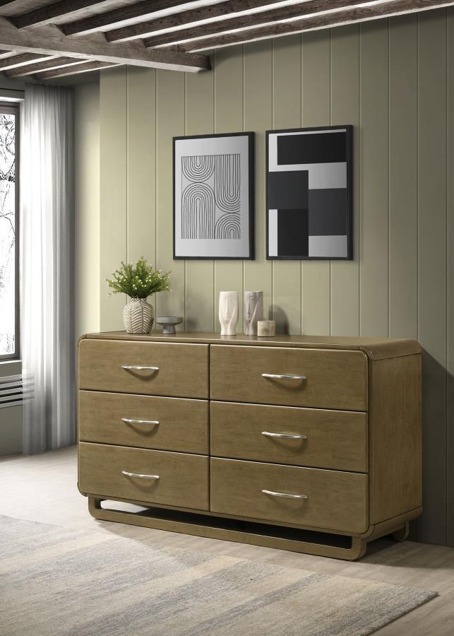 Amsbury 6-Drawer Dresser Cabinet in Nutmeg Finish with Rounded Corners, Matte Nickel Hardware, Metal Glides, and Solid Hardwood Frame