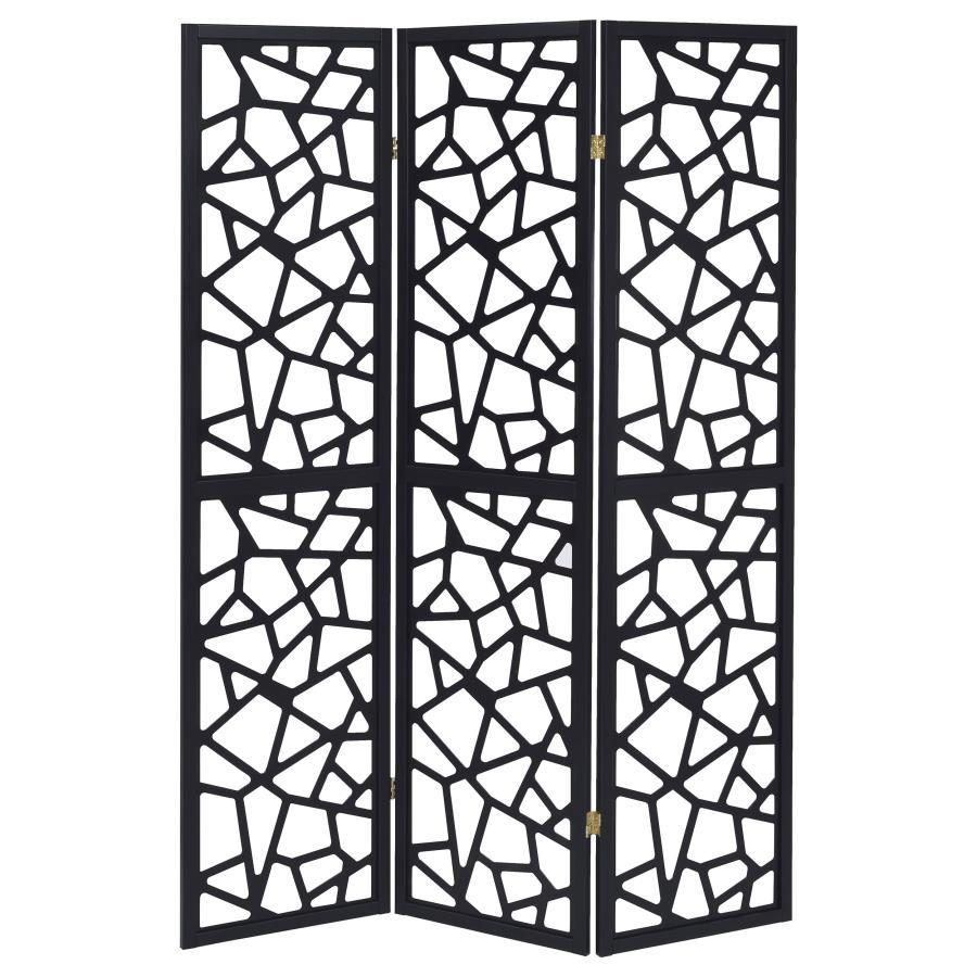 Nailan - 3-Panel Folding Room Divider Screen in Black – Open Mosaic Design, Solid Wood Frame, Modern Mid-Century Style Privacy Partition