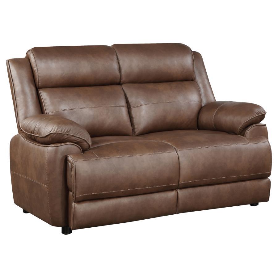 Ellington Upholstered Padded Arm Loveseat, Dark Brown Faux Leather, Pillowtop Arms, Pocket Coil Seating, Foam Cushions, Transitional Living Room