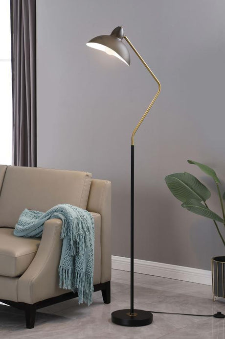 Lucien Dome Shade Black Metal Task Floor Lamp with Adjustable Arm, Mid-Century Modern Design, Gold Accents, Downlight for Reading or Work