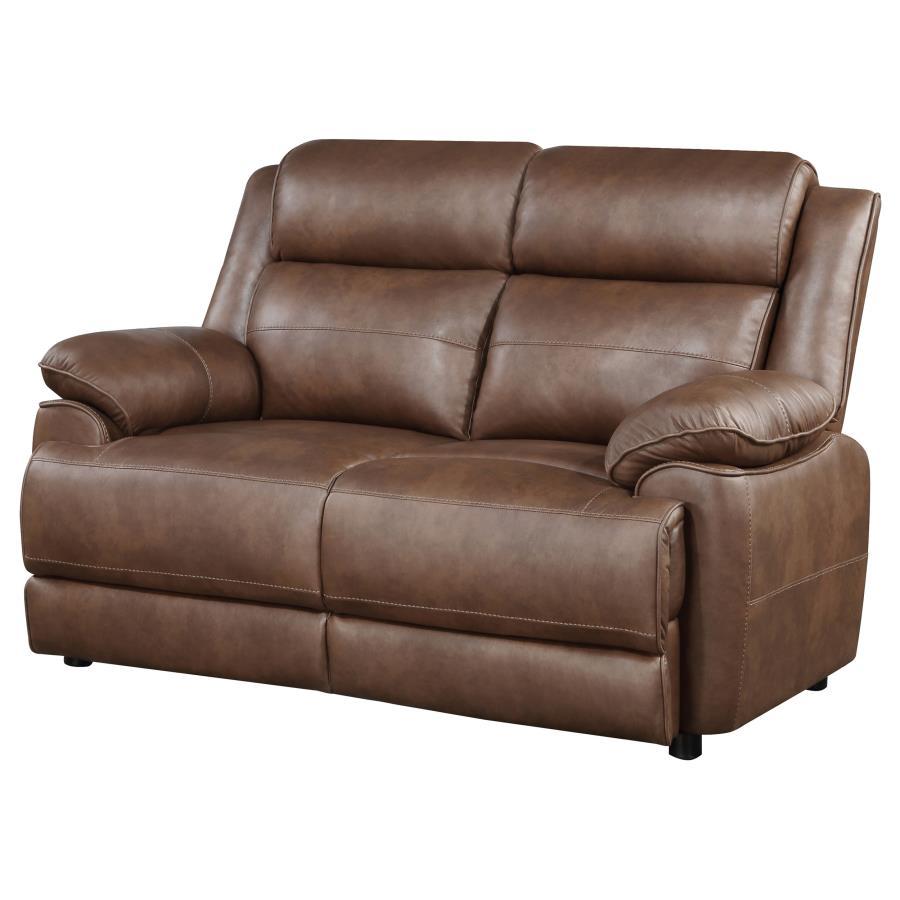Ellington Upholstered Padded Arm Loveseat, Dark Brown Faux Leather, Pillowtop Arms, Pocket Coil Seating, Foam Cushions, Transitional Living Room
