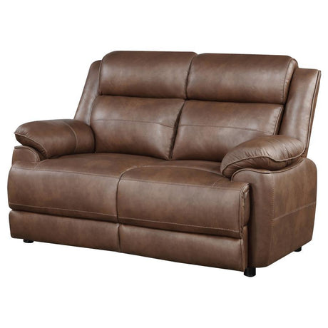 Ellington Upholstered Padded Arm Loveseat, Dark Brown Faux Leather, Pillowtop Arms, Pocket Coil Seating, Foam Cushions, Transitional Living Room