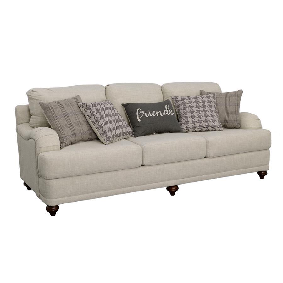 Glenn Modern Farmhouse Upholstered English Arm Sofa with Reversible Cushions, Accent Pillows, Contoured Arms, Bun Legs, Neutral Light Gray Fabric