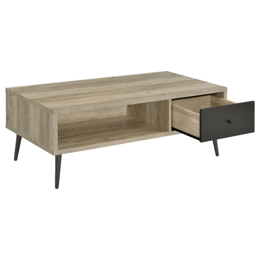 Welsh 1-Drawer Engineered Wood Coffee Table – Antique Pine Finish with Distressed Pine and Retro Design
