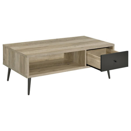 Welsh 1-Drawer Engineered Wood Coffee Table – Antique Pine Finish with Distressed Pine and Retro Design