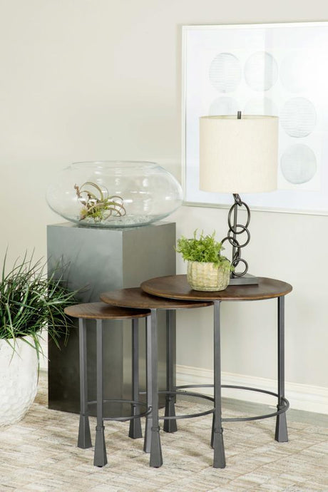 Deja 3-Piece Round Nesting Table Set – Natural Mango Wood and Gunmetal Iron Industrial Accent Tables for Living Room, Bedroom, or Loft Spaces