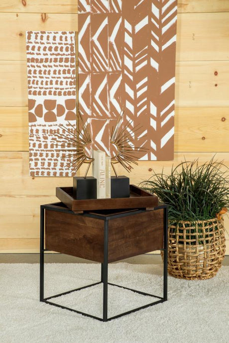 Ondrej Square Accent Side Table with Removable Tray – Dark Brown Mango Wood Top, Gunmetal Iron Frame, Storage Cube, Multi-Purpose Side Table for Compact Spaces