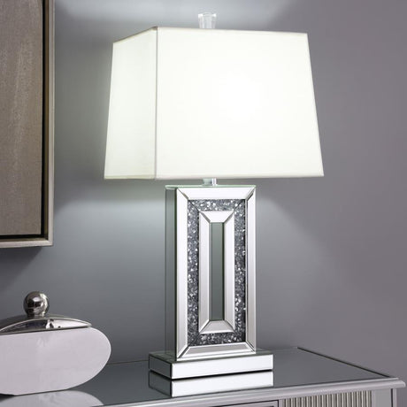 Ayelet Tapered Shade Mirrored Table Lamp in Silver – Crystal Accent Base with Beveled Mirror Panels and White Fabric Shade for Glamorous Modern Lighting