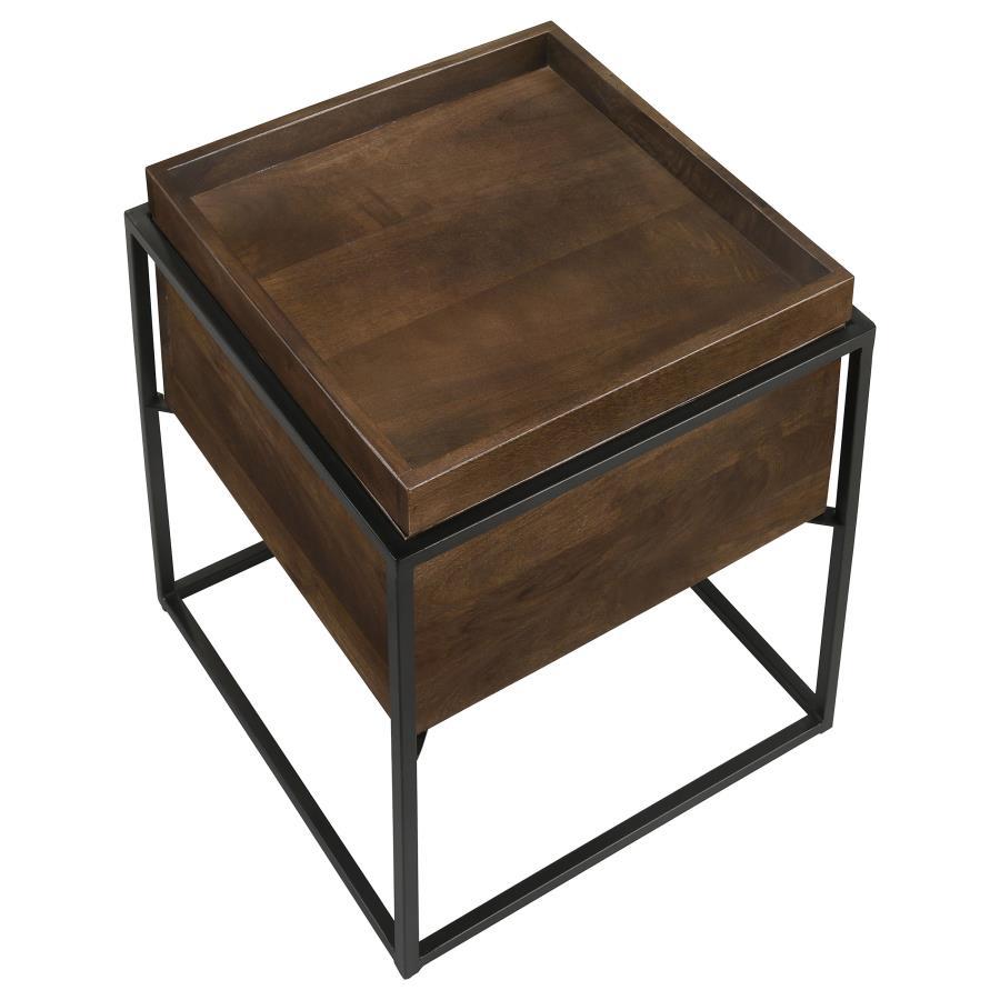 Ondrej Square Accent Side Table with Removable Tray – Dark Brown Mango Wood Top, Gunmetal Iron Frame, Storage Cube, Multi-Purpose Side Table for Compact Spaces
