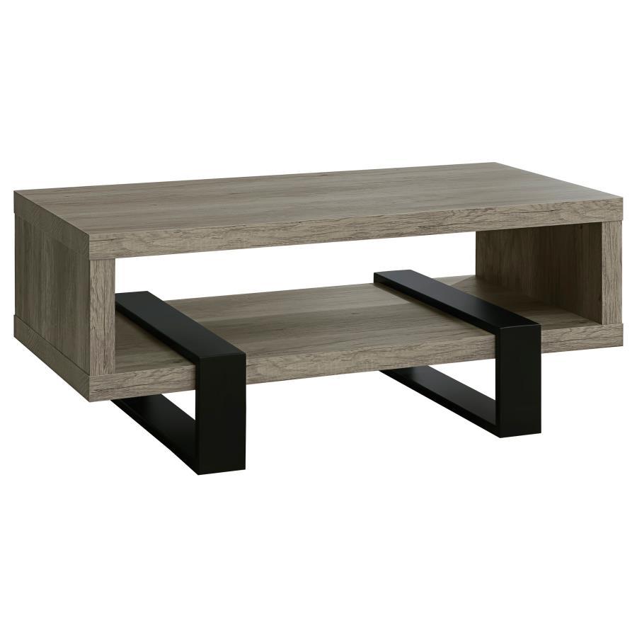 Dinard Engineered Wood Coffee Table in Gray Driftwood – Rectangular Rustic Modern Design with Geometric Black Legs and Lower Storage Shelf