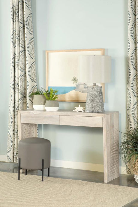 Rickman 2-Drawer Wood Entryway Console Table – Solid Mango Wood, White Washed Finish with Diamond Lattice Cutouts and Spacious Top Surface