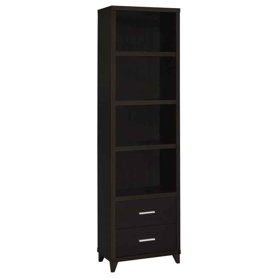 Lewes 4-Shelf Engineered Wood Media Tower – Cappuccino, Adjustable Shelves, Brushed Silver Hardware, Storage Drawers, Modern Living Room Organizer