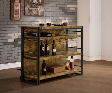 Renaldi 3-Shelf Home Bar Wine Cabinet – Rustic Nutmeg Industrial Style with Stemware Racks, Open Shelving, Footrest for Kitchen or Lounge Entertaining