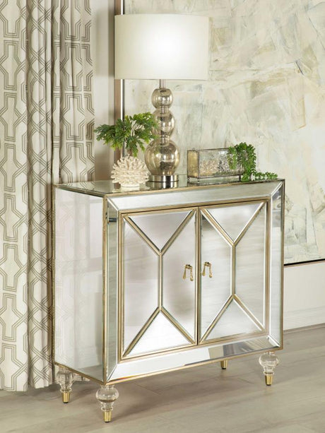 Lupin - 2-Door Mirrored Storage Accent Cabinet - Champagne with Inverted Beveled Doors, Pendant Pulls, Acrylic Feet & Interior Shelves