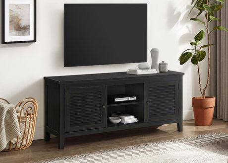 Concord 60-Inch 2-Door TV Stand Console in Distressed Java with Louvered Doors, Planked Top, Open Shelving & Cord Management for TVs up to 65-Inches
