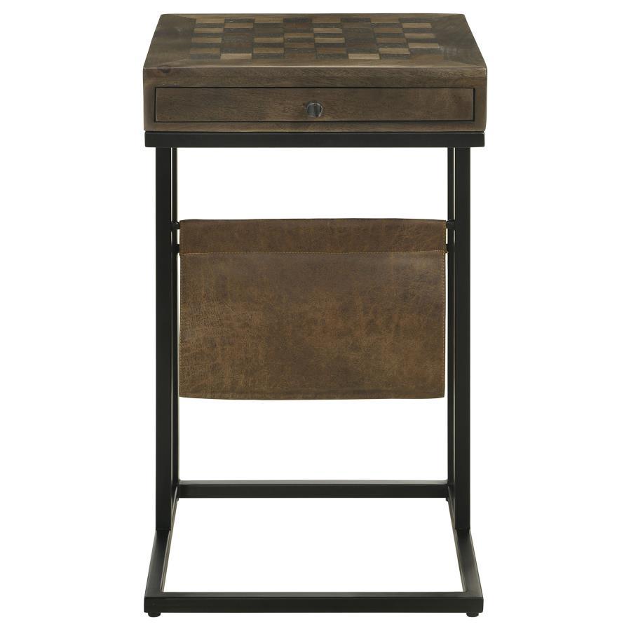 Chessie 1-Drawer Side Table with Leatherette Sling Tobacco Finish, Carved Chess Board Top, Iron Frame, Storage Drawer, Multifunctional Accent