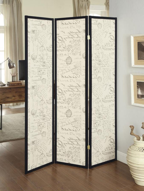 Felice 3-Panel Folding Room Divider Screen with Vintage French Script Print – Elegant Decorative Accent with Black Wood Frame and Hinged Panels