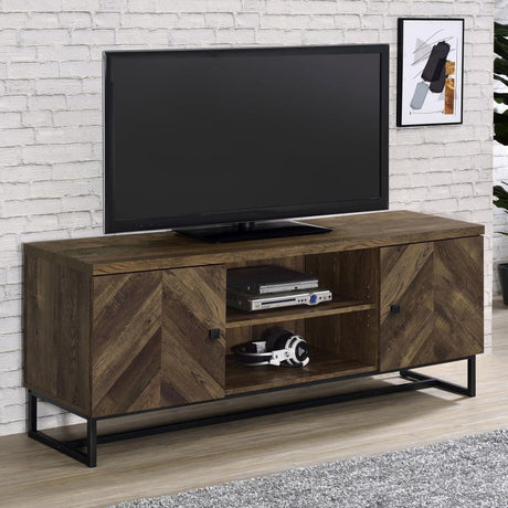Myles 2-Door Engineered Wood TV Stand – Rustic Oak Finish with Herringbone Doors, Metal Base, Open Shelves & Adjustable Storage for Electronics