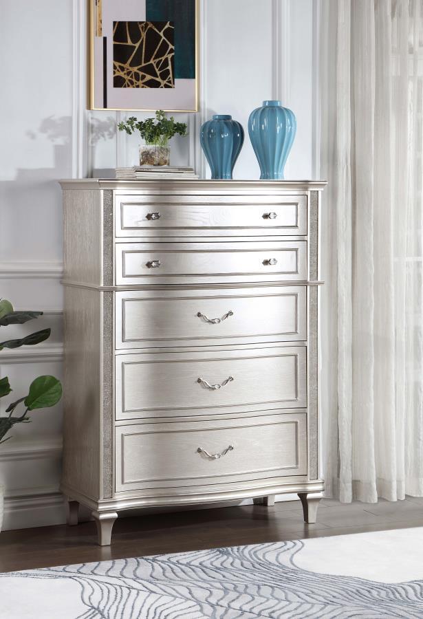 Evangeline 6-Drawer Bedroom Chest – Silver Oak, Tall Glam Dresser with Wavy Facade, Felt-Lined Top Drawer, Hexagon Hardware, Modern Luxury
