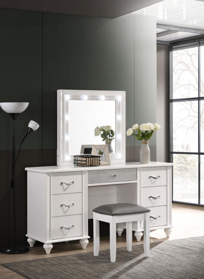 Barzini Upholstered Vanity Stool in Metallic Grey and White, Padded Faux Leather Seat, Turned Legs, Rubberwood Frame for Bedroom, Vanity, or Dressing Area