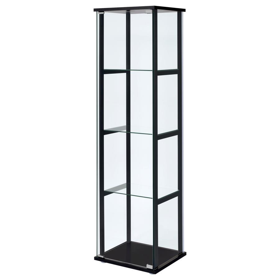 Cyclamen 4-Shelf Clear Glass Curio Display Cabinet – Black Tempered Glass Shelves, Push-to-Open Doors, Modern Compact Display Cabinet
