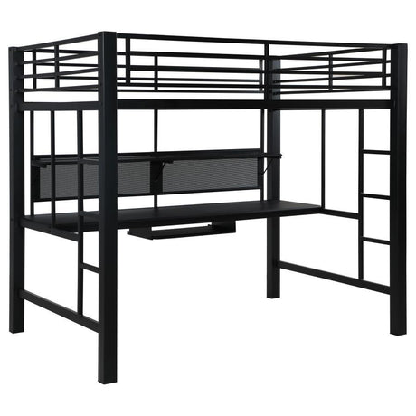 Avalon Full Workstation Loft Bed – Black Metal Frame, Desk with Keyboard Tray, Storage Shelf, Space-Saving Design, Modern Home Office & Bedroom