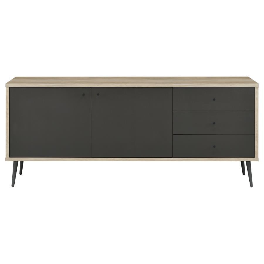 Maeve 2-Door Engineered Wood Cabinet in Antique Pine & Gray – Scandinavian-Inspired Storage with Drawers and Shelves for Stylish Organization