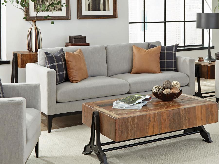 Apperson Light Gray Upholstered Track Arm Sofa with Plush Cushions, Accent Pillows, Transitional Modern Living Room Seating, Stylish Durable Couch