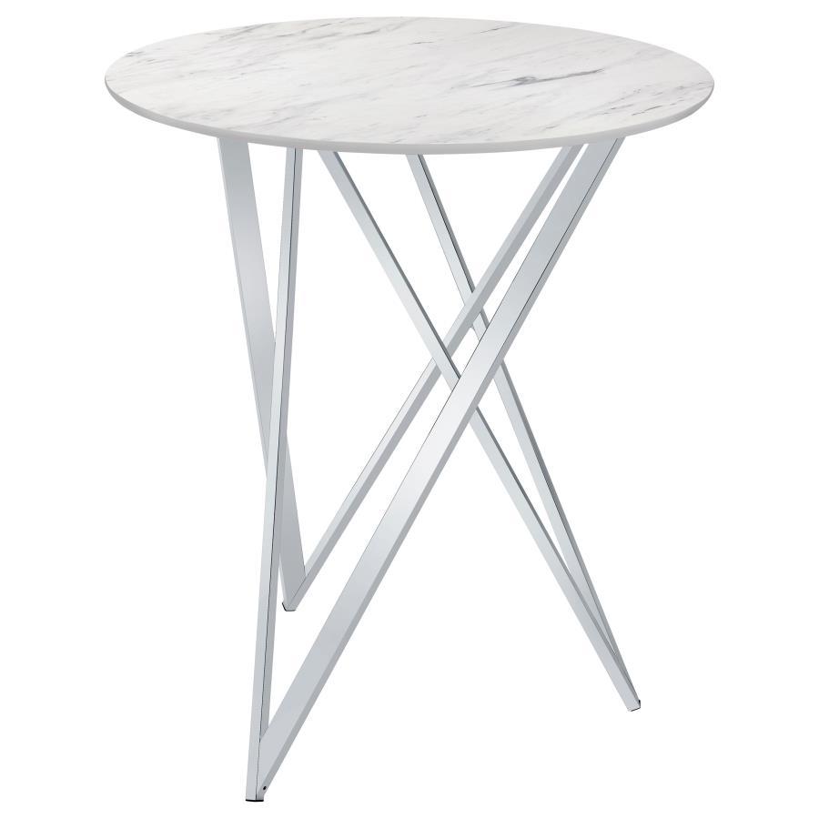 Bexter Round Faux Marble Bistro Bar Table in Chrome – Modern 42.5" Bar Height Table with Sculptural Metal Base & White Marble-Look Top for Dining Spaces