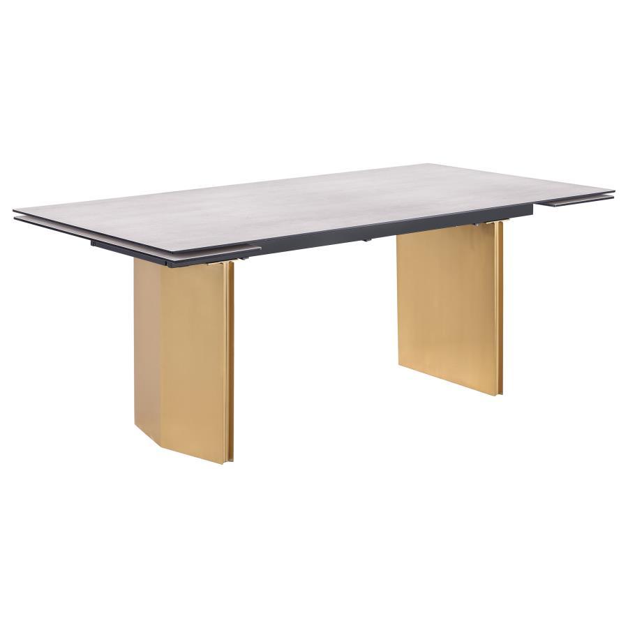 Vesa Glass Top Extension Dining Table – Beige 3D-Printed Design, Brushed Gold Stainless Steel Base, 72.75"W, Expandable with Two 12" Leaves