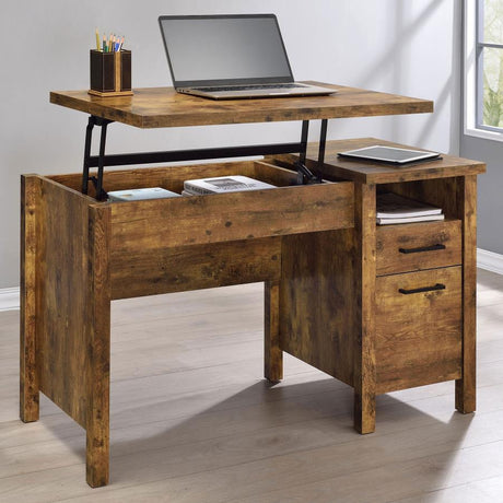 Delwin 2-Drawer Lift Top Computer Desk – Rustic Nutmeg Finish with Storage Drawers, Lift-Top Design, and Block Legs for Home Office