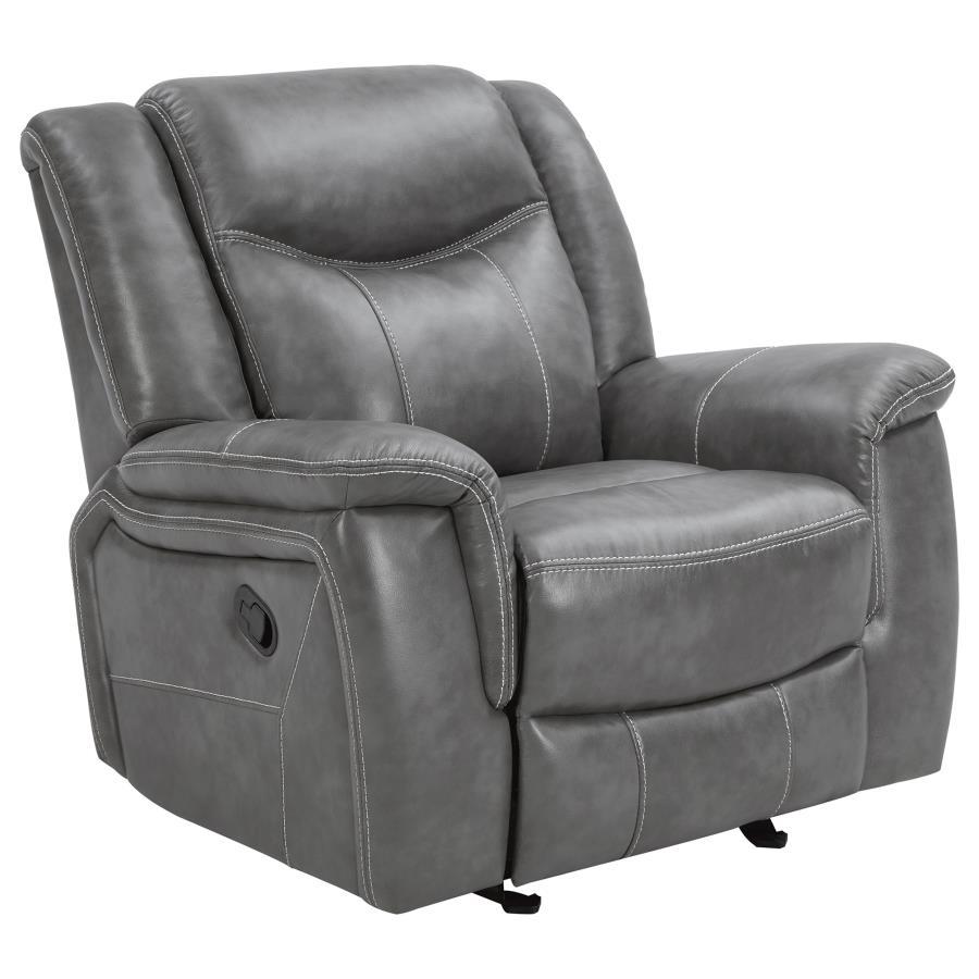Conrad Upholstered Padded Arm Glider Recliner – Gray Faux Leather, Overstuffed Cushions, Smooth Reclining Motion, Perfect for Living Room or Den
