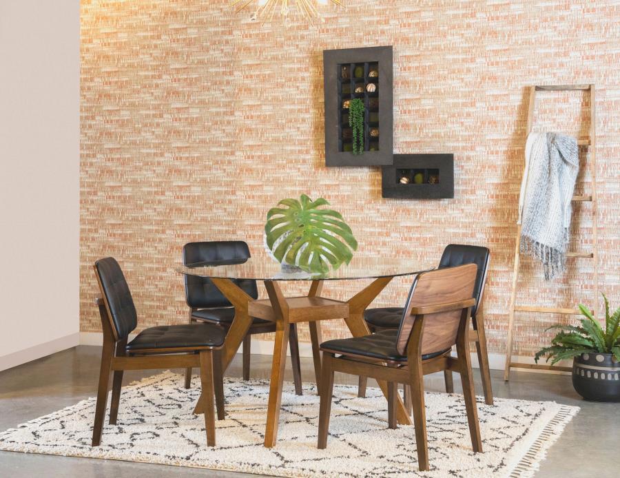 Paxton Round Glass Top Wood Dining Table - Nutmeg Finish, Contemporary Geometric Design, Tempered Glass Surface, Square Shelf Base, Modern Sturdy Table