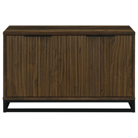 Ryatt 4-Door Engineered Wood Accent Cabinet – Dark Pine Finish, Fluted Door Fronts, Black Metal Base, Rustic Storage for Dining or Living Room