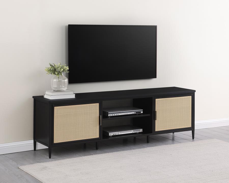 Amherst 70" 2-Door Metal TV Stand Media Console - Black | Modern Design with Rattan Front Doors, Open Shelving for Electronics & Cable Management