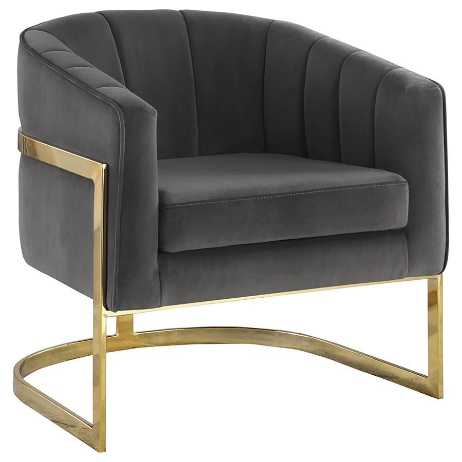 Alamor Upholstered Barrel Back Accent Chair – Dark Gray Velvet Armchair with Vertical Tufting, Gold Metal Frame, Modern Living Room Accent Seating